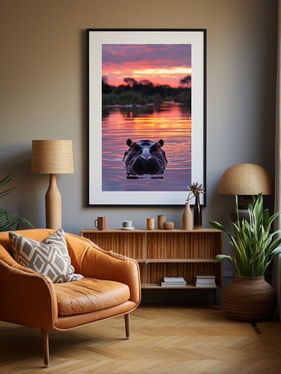 Lone Hippo Rising at a Pink Purple Sunset Over Still Water Poster