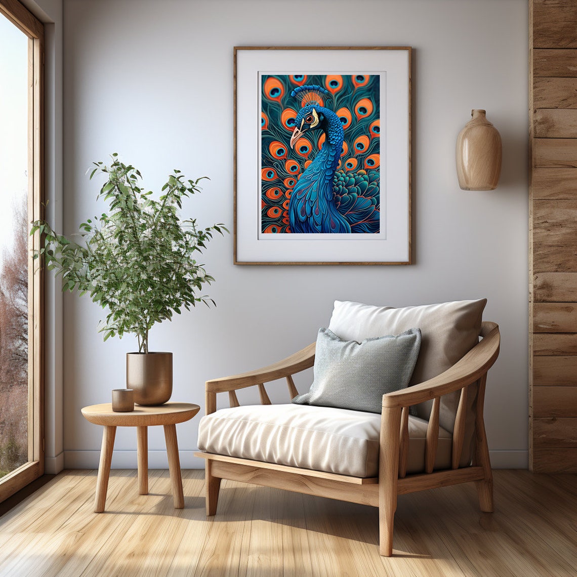 Blue Peacock Head Rising Over a Turquoise Feather Fan Poster - Image 4