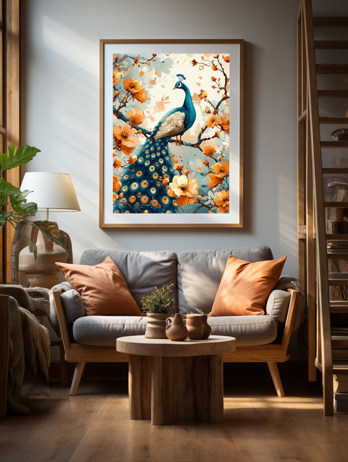 Blue Peacock Surrounded by Amber Blossoms on a Golden Branch Poster - Image 2