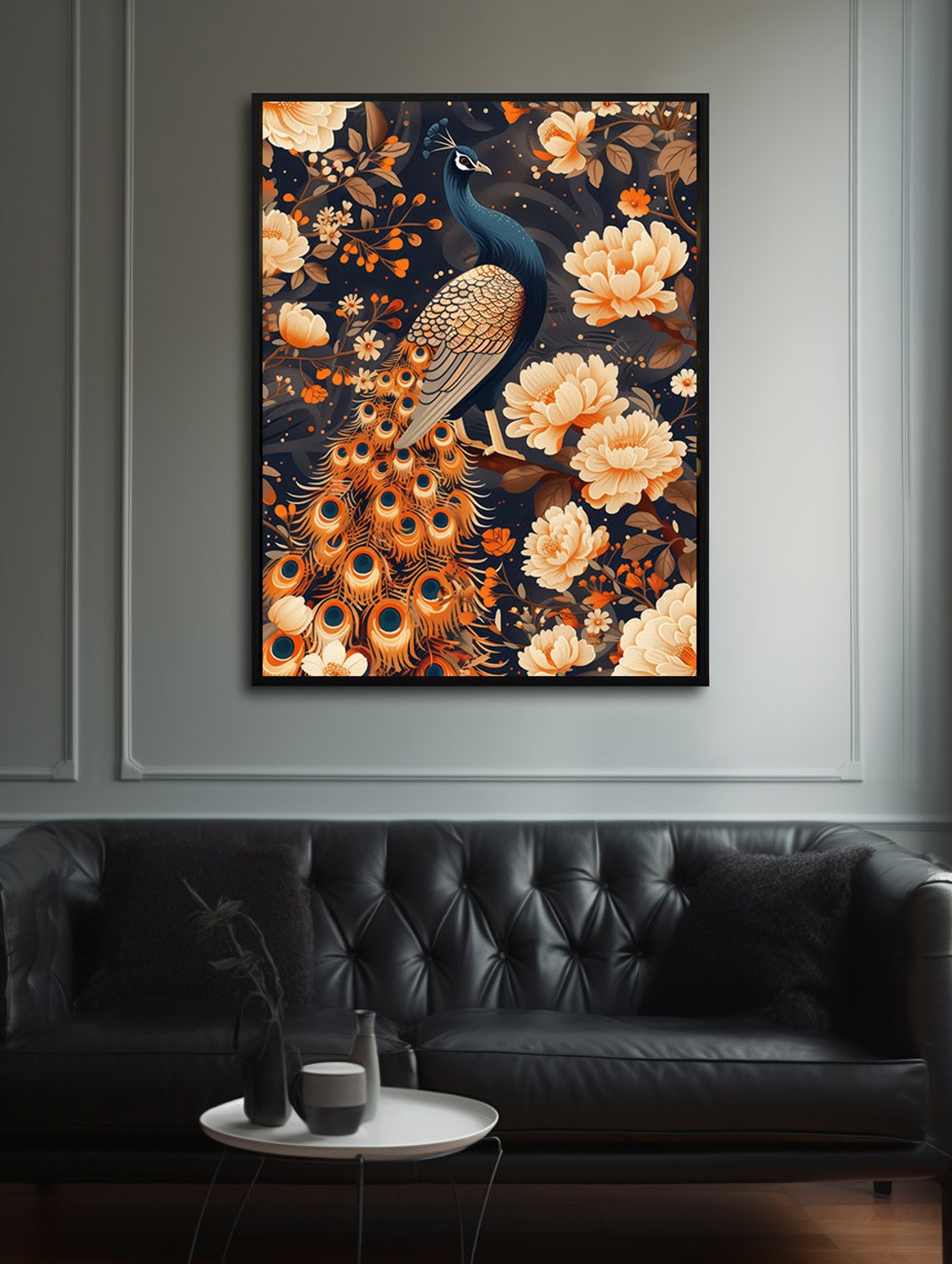 Peacock Among Cream Peonies and Blossoms on Dark Navy Poster