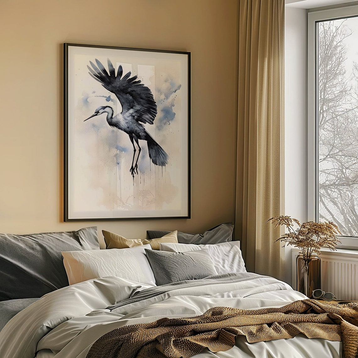 Great Crane in Flight in Soft Ink Wash Watercolor Style Poster - Image 5