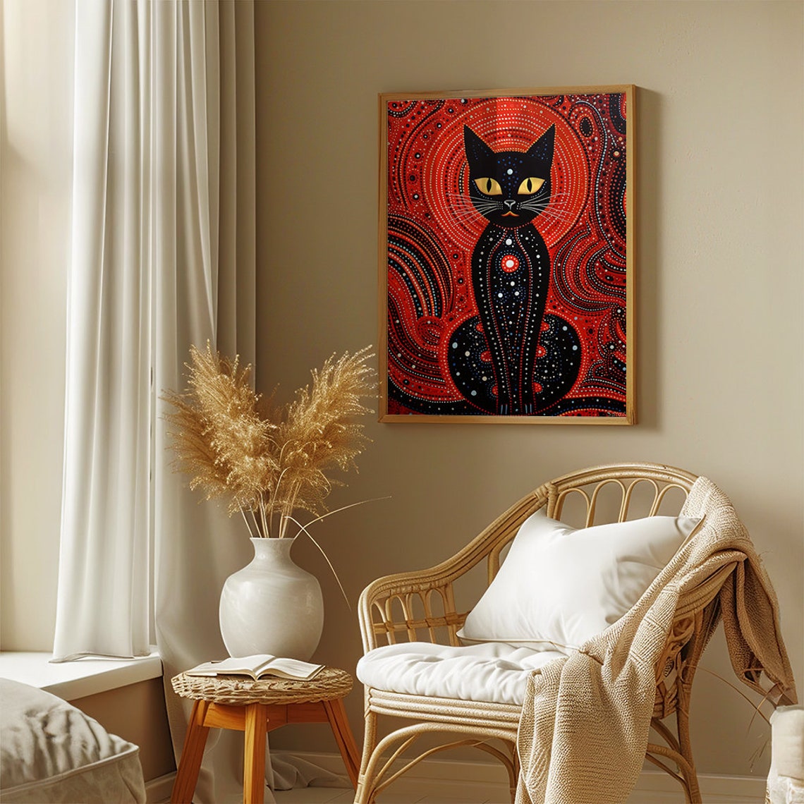 Black Cat on a Red Aboriginal Dot Painting Background Poster - Image 3