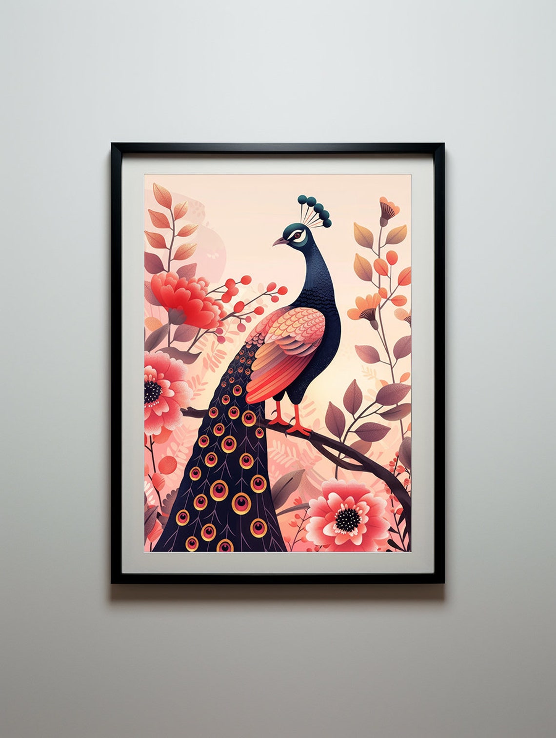 Blush Pink Peacock Perched Gracefully Among Pink Roses Poster - Image 7