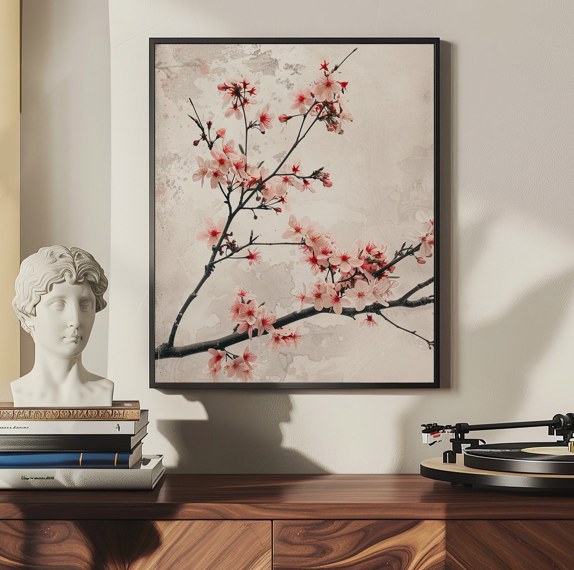 Delicate Pink Cherry Blossom Branch on Soft Vintage Paper Poster