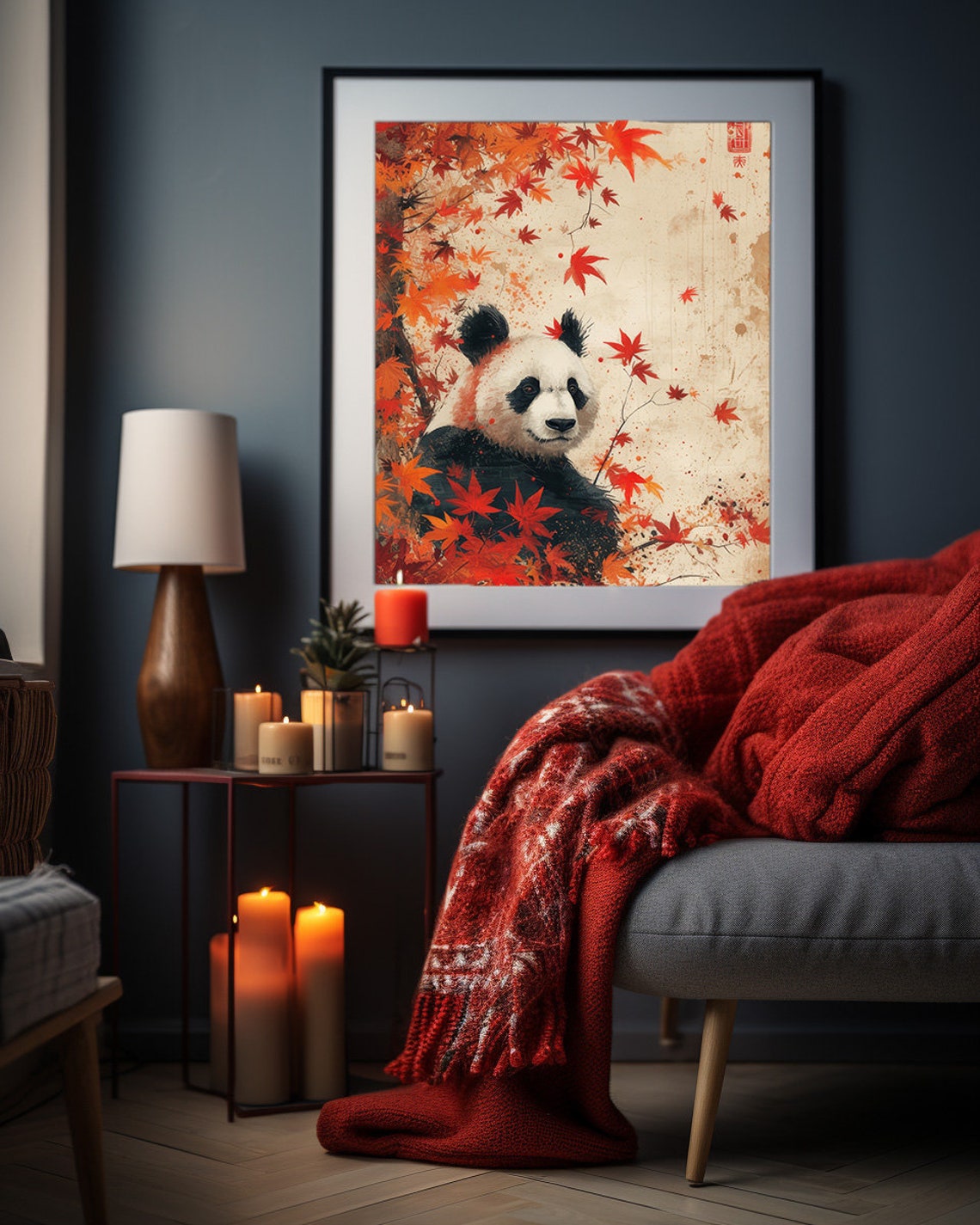 Panda Among Falling Red Maple Leaves in Vintage Asian Style Poster