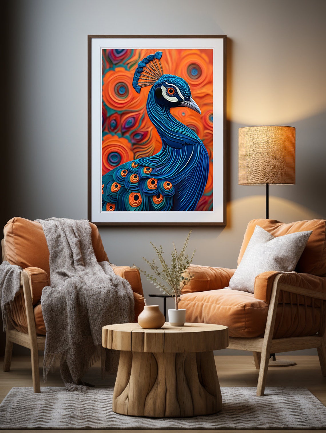 Stylized Blue Peacock Set Against a Swirling Orange Sky Poster - Image 7