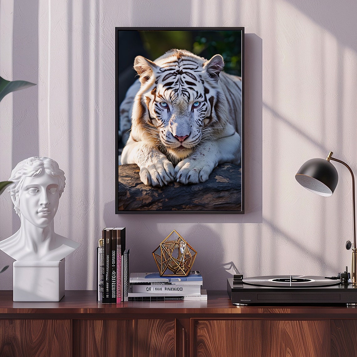 Albino White Tiger Portrait Lying Majestically on a Rock Poster