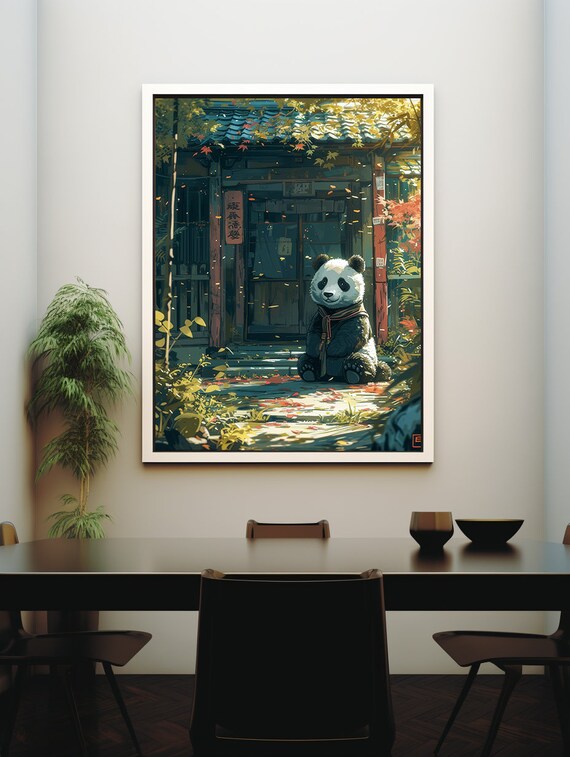 Cute Panda Cub Resting at a Japanese Temple Gate in Autumn Poster