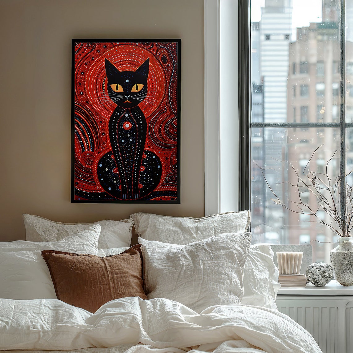 Black Cat on a Red Aboriginal Dot Painting Background Poster - Image 7