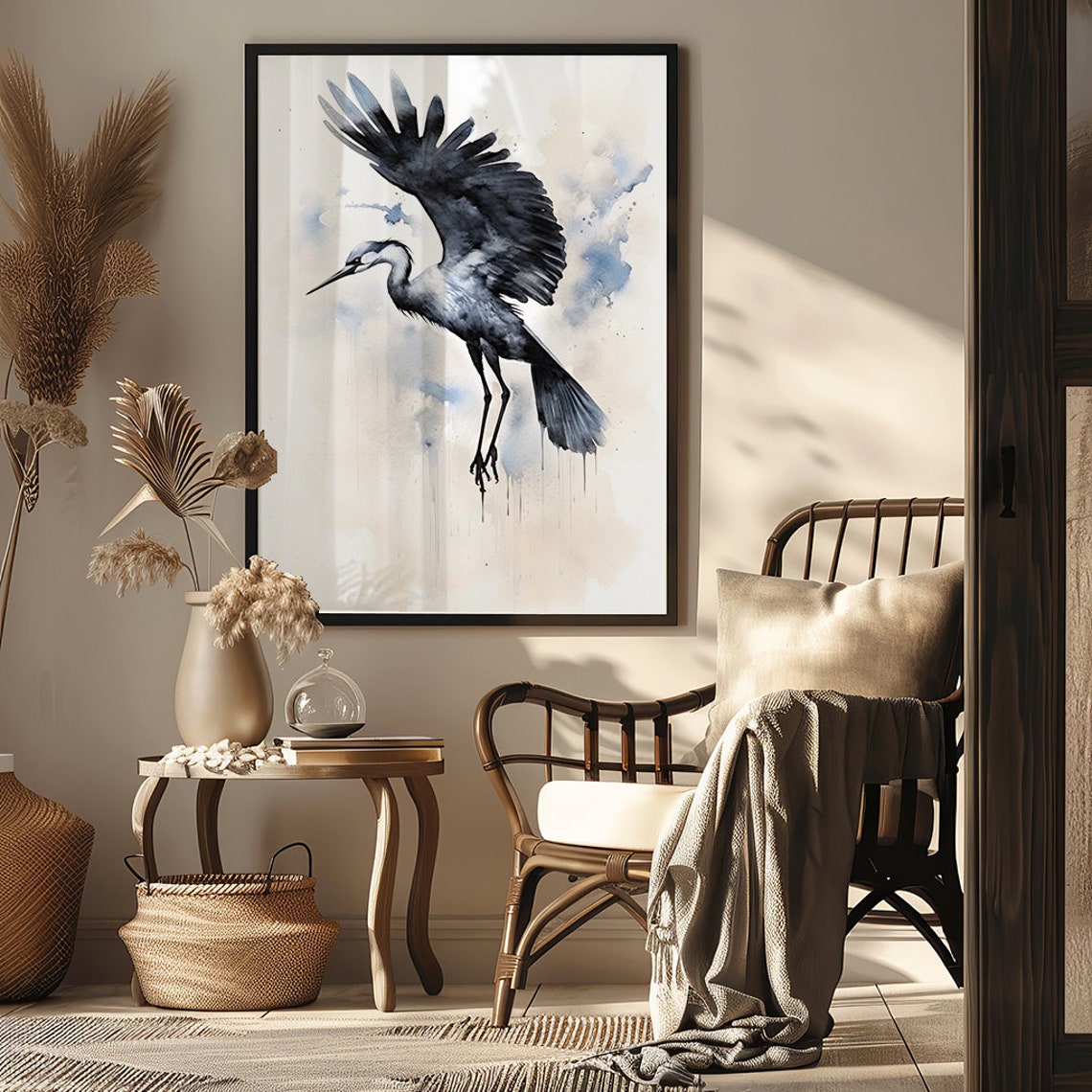 Great Crane in Flight in Soft Ink Wash Watercolor Style Poster - Image 4