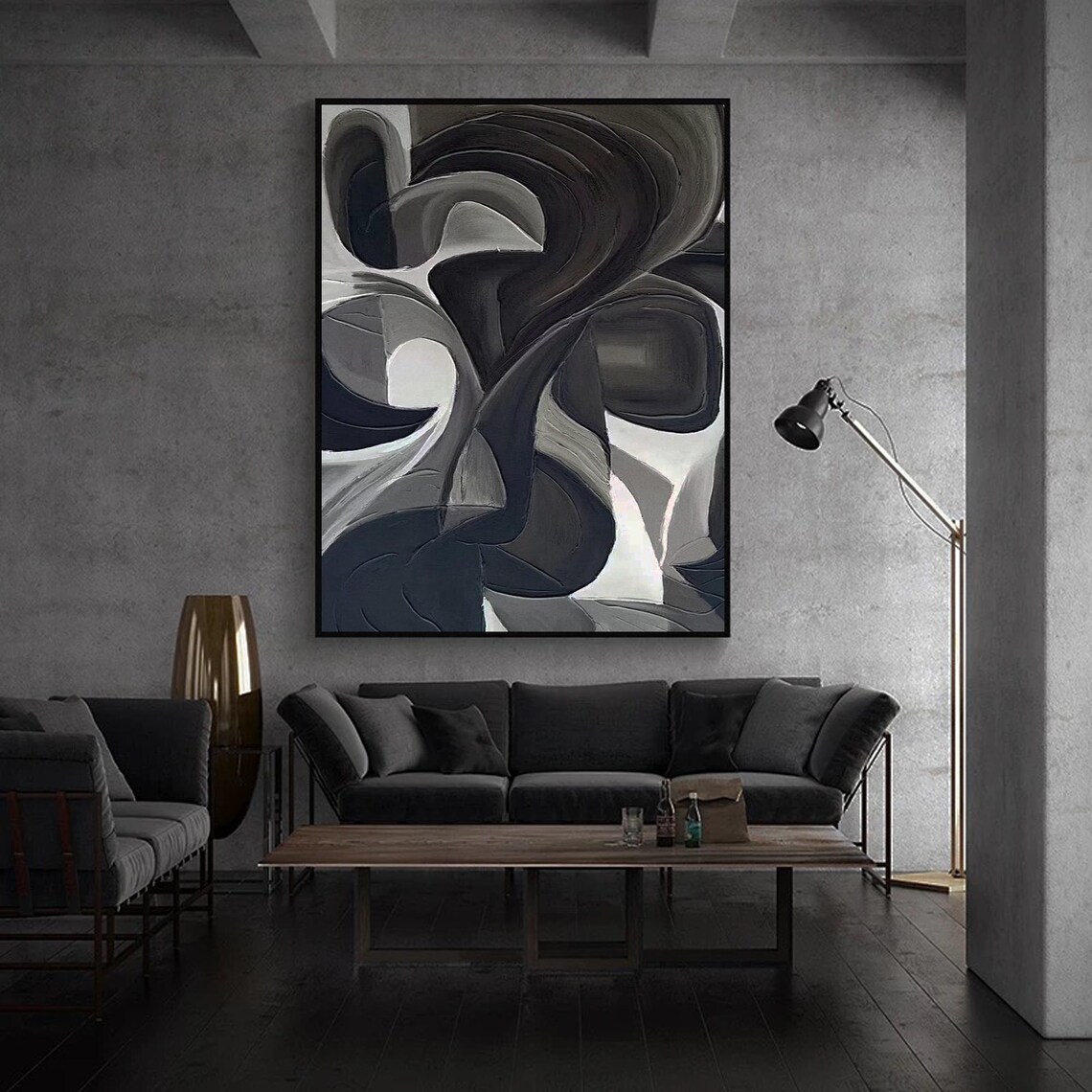 Abstract Black And Gray Texture Painting, Modern - Image 2