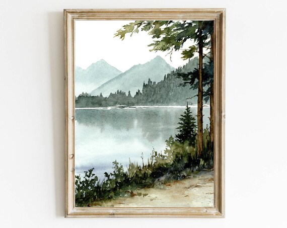 Forest Road Art Print, Mountain Lake Watercolor