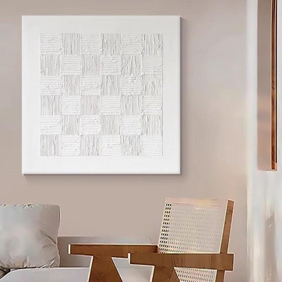 All White Checkerboard 3D Thick Texture Minimalist Modern Art Poster - Image 3