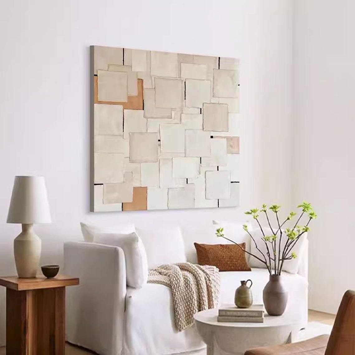 Beige White Orange Geometric Squares Abstract Modern Texture Poster - Image 3