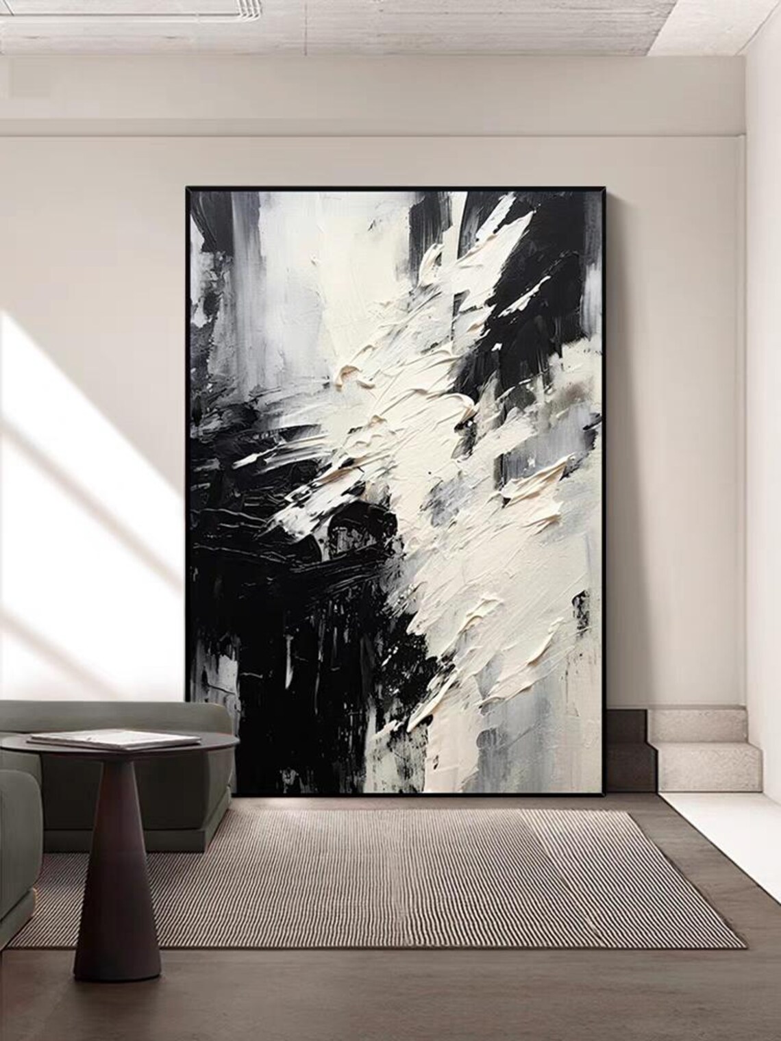 Black White Brush Stroke Acrylic Painting Contemporary Wall Decor Hand Painted Oversize Thick Texture Art Abstract Texture Artwork - Image 2