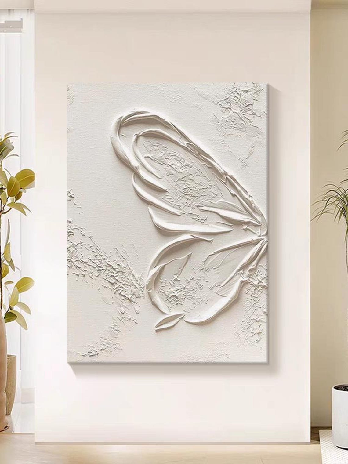 Half Of Butterfly Oil Painting All White Wabi Sabi Style Artwork Large Size Vertical Home Wall Decor 3d Thick Textured Acrylic Painting - Image 3
