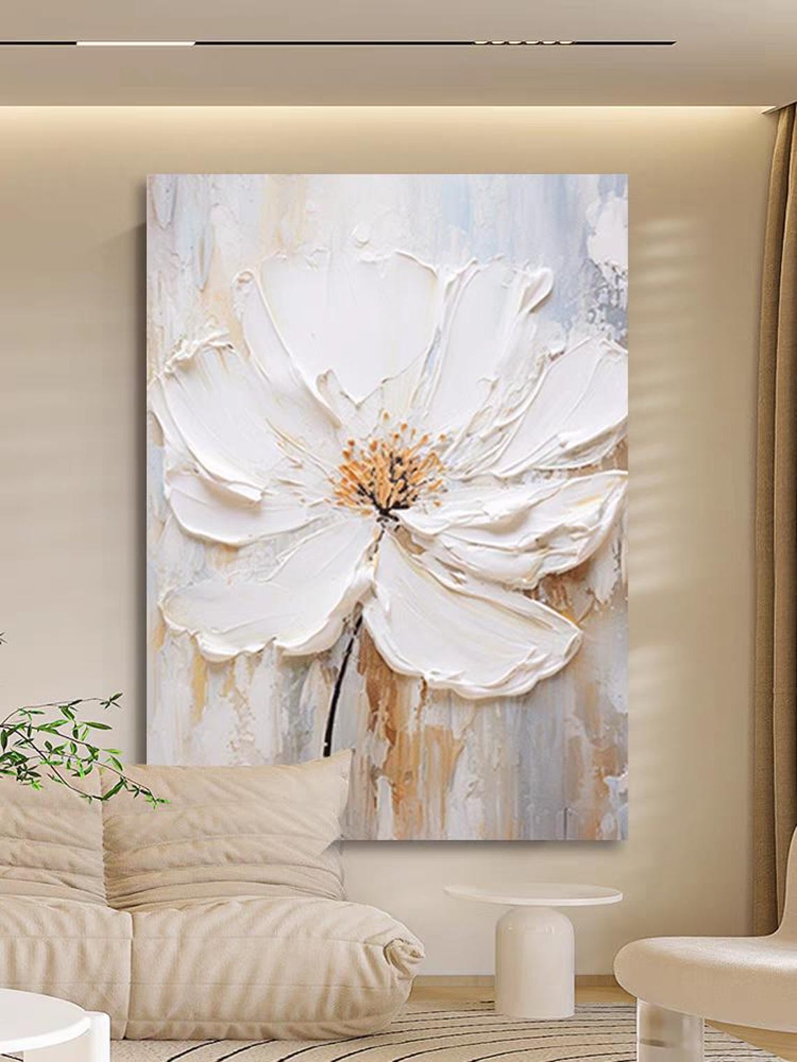 Large White Cosmos Bloom Thick Impasto Floral Acrylic Canvas Poster - Image 2