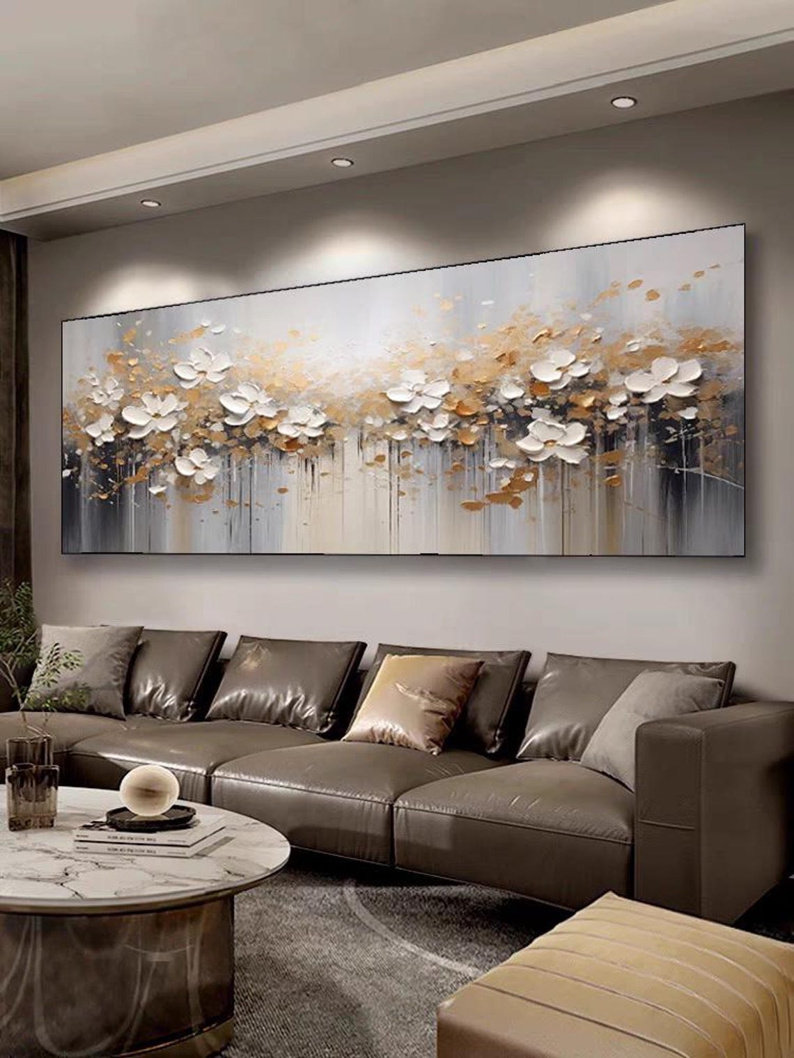 Panoramic White Blossoms with Gold Leaf Textured Floral Poster - Image 2