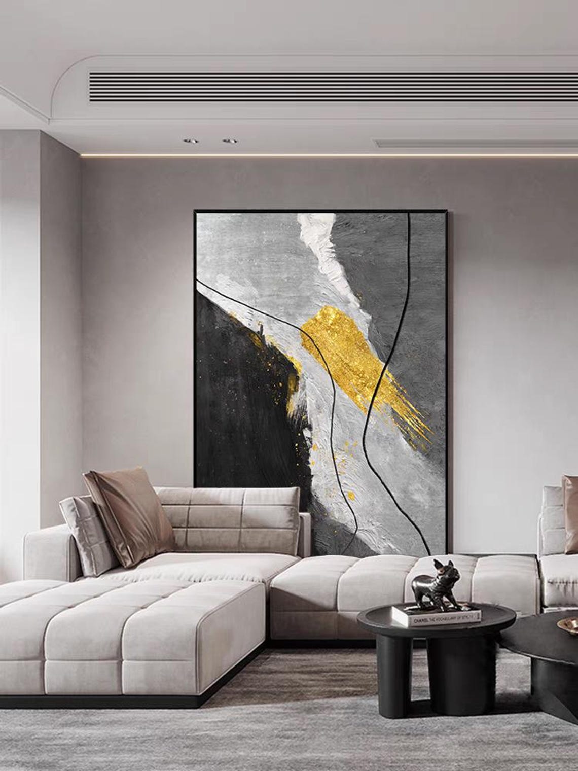 Extra Large Gray Black Gold Painting Abstract Texture Acrylic Art Color Block And Line Artwork Personalized Home Decor Gift - Image 2
