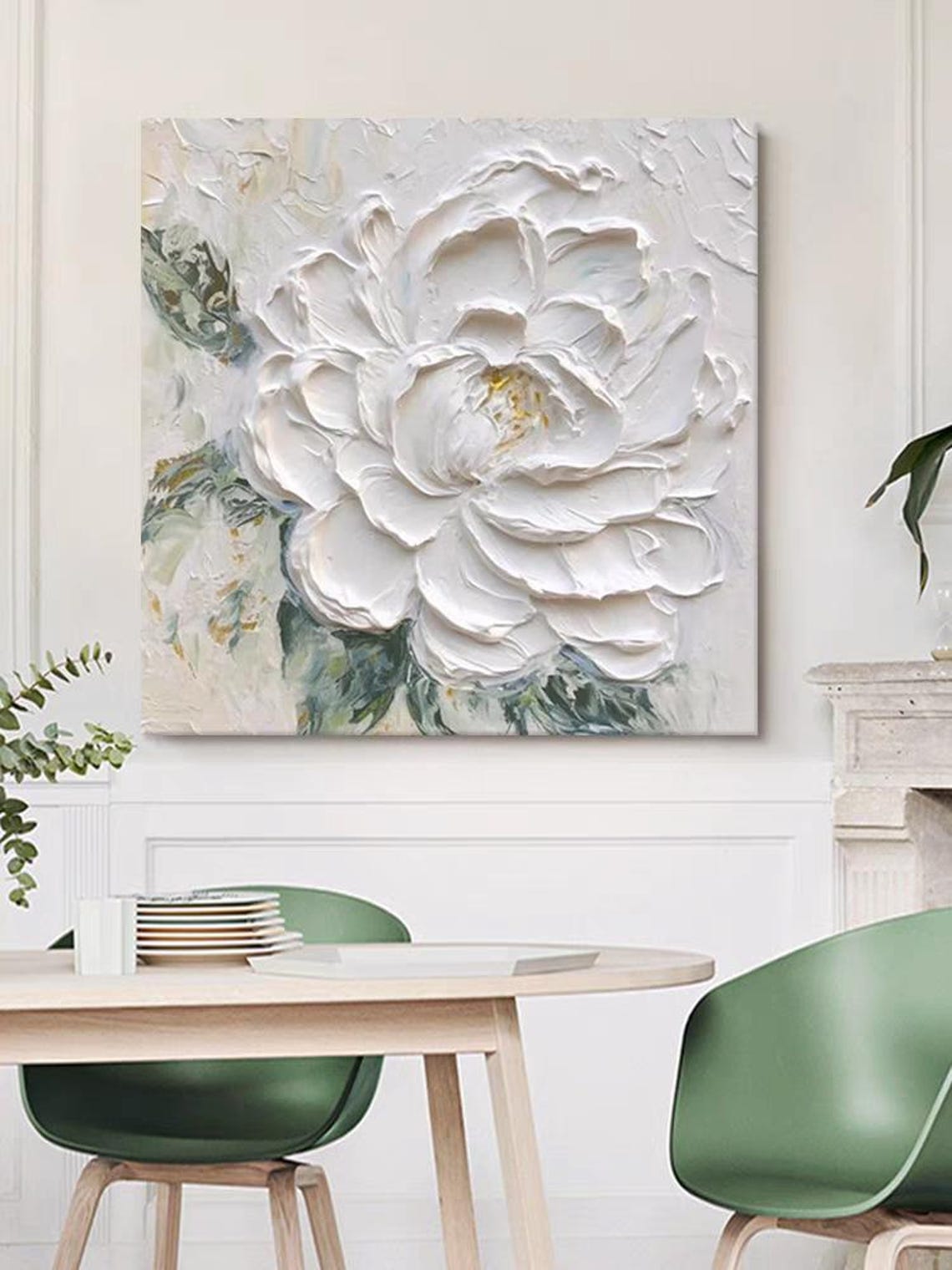White Blooming Flower with Leaves Textured Botanical Wall Art - Image 3