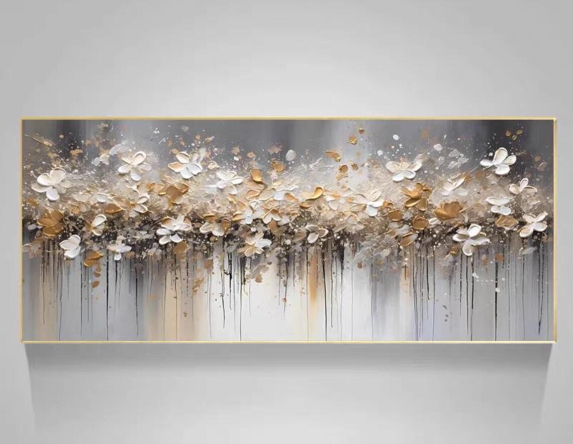 Abstract Floral Art Print, Horizontal White Gold Flowers - Image 2