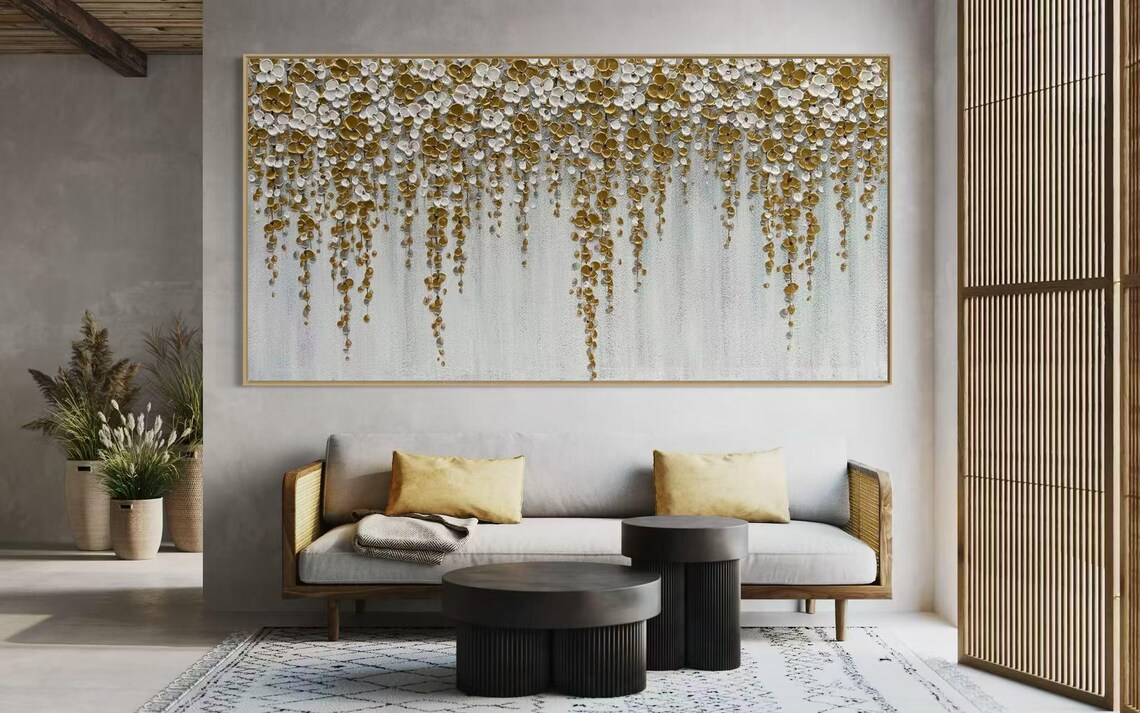 Cascading Gold and White Blossom Wisteria Vines Textured Poster - Image 2