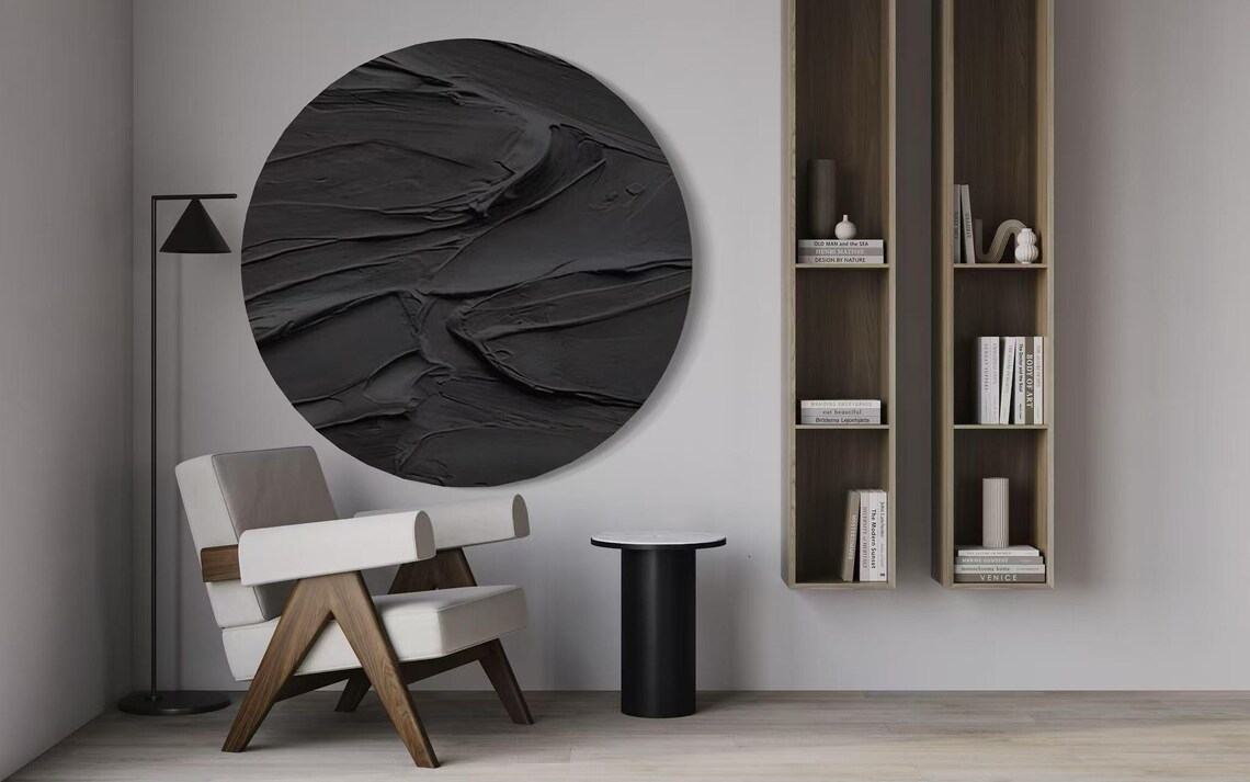 Modern Circle Abstract, Pure Black Texture Art Print - Image 3