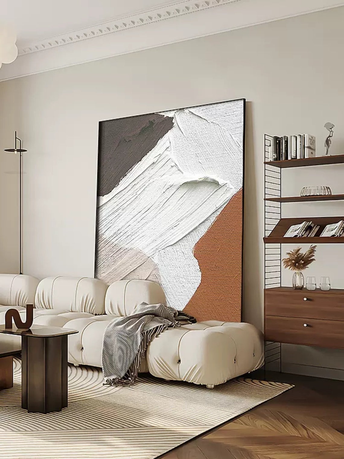 White Taupe Brown Flowing Shapes Textured Abstract Vertical Wall Art - Image 2