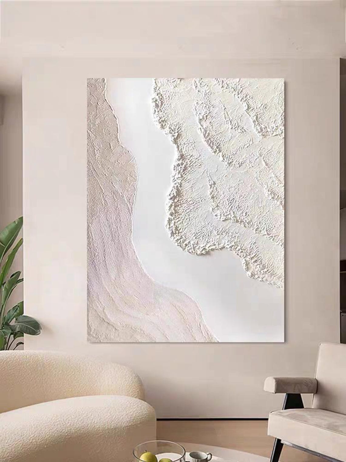 White Pink Soft Wavy Abstract Textured Vertical Minimalist Wall Art - Image 2