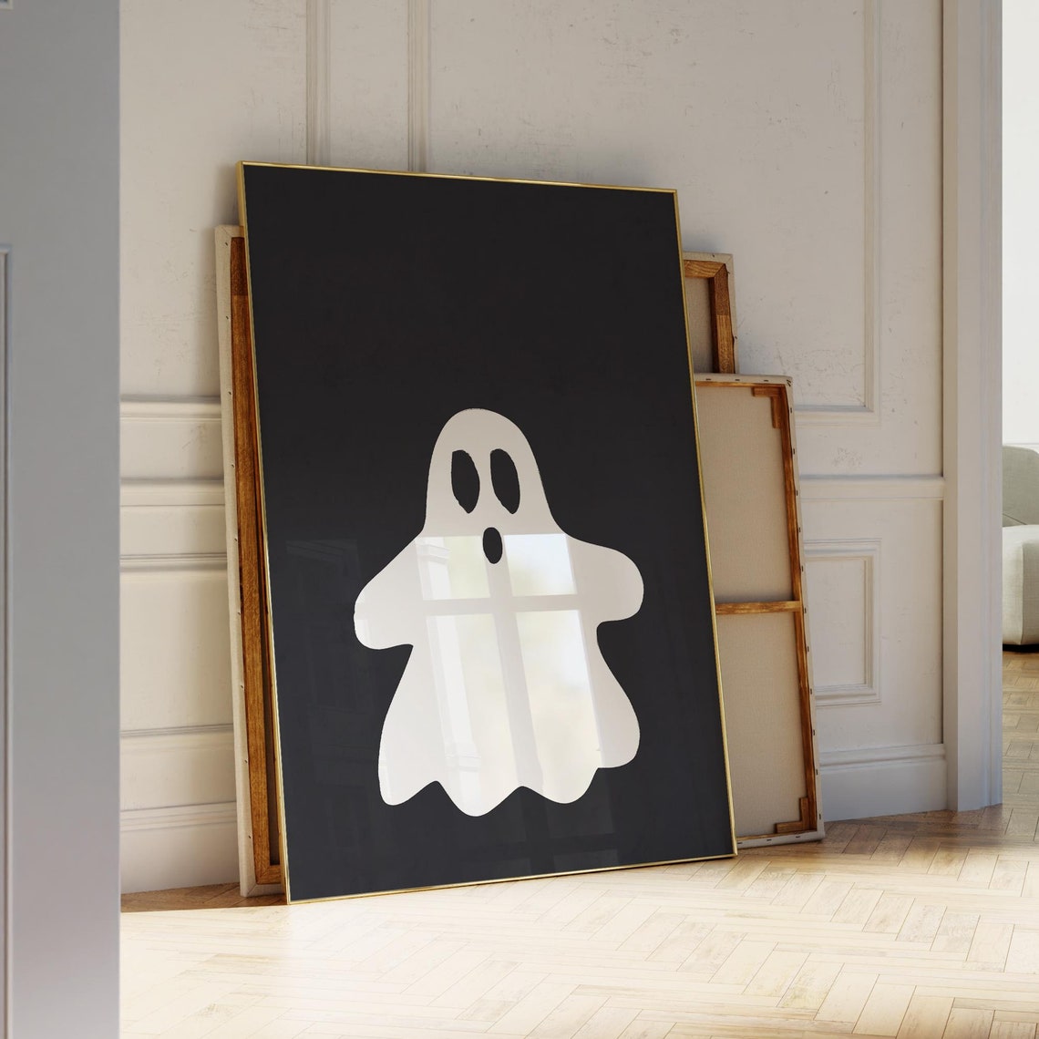 Minimalist White Ghost Spooky Halloween Retro Black Background Poster