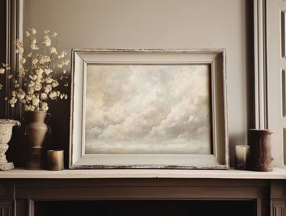 Two Piece Gallery Set Clouds And Wildflowers Moody Neutral Painting Poster - Image 3