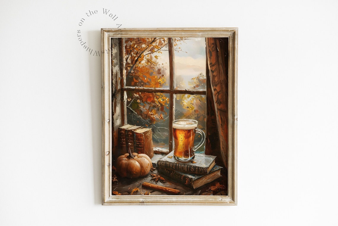 Pumpkin Beer by Window Autumn Cozy Oil Painting Fall Bookish Poster - Image 6