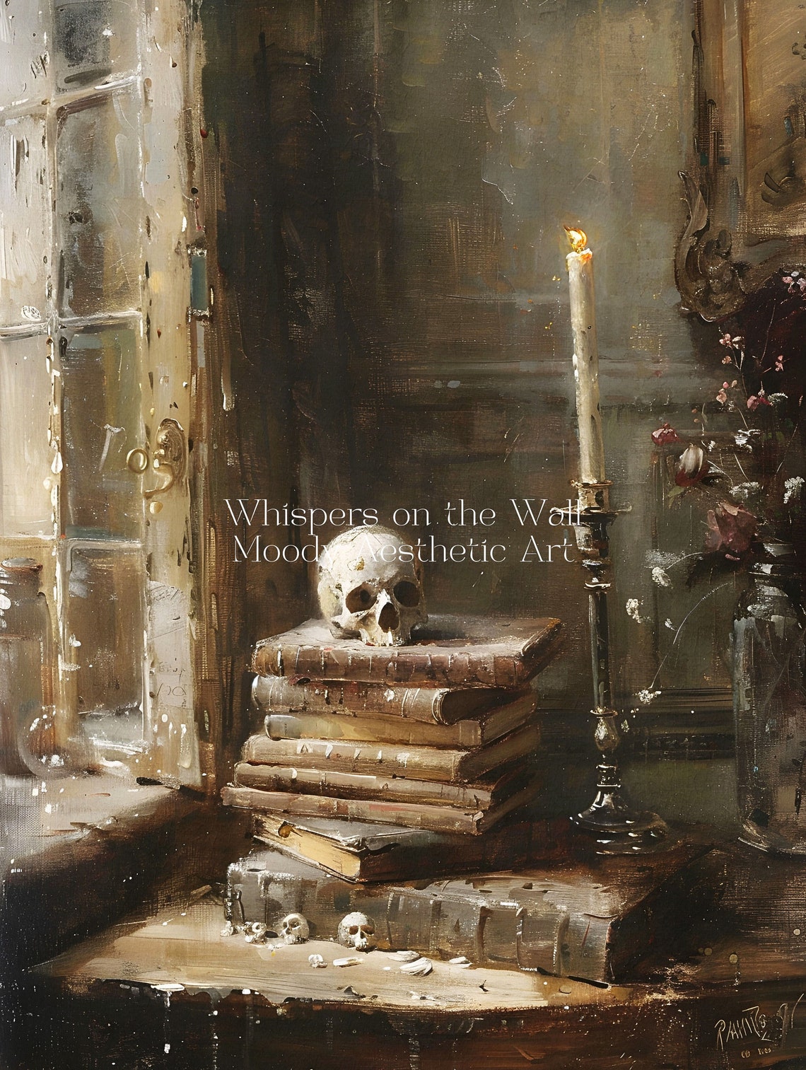 Skull on Stack of Old Books with Candle Gothic Painting Poster - Image 5