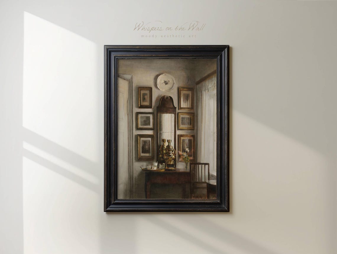 Vintage Light Academia Interior With Framed Art Mirror Lamp Poster - Image 6