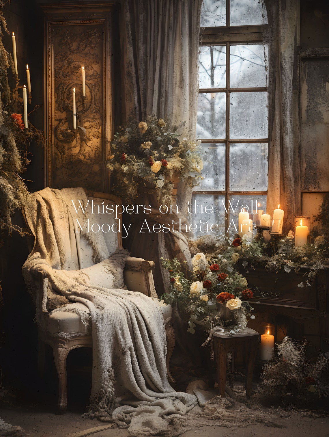 Cozy Christmas Reading Chair Candlelit Window Moody Wall Poster - Image 5
