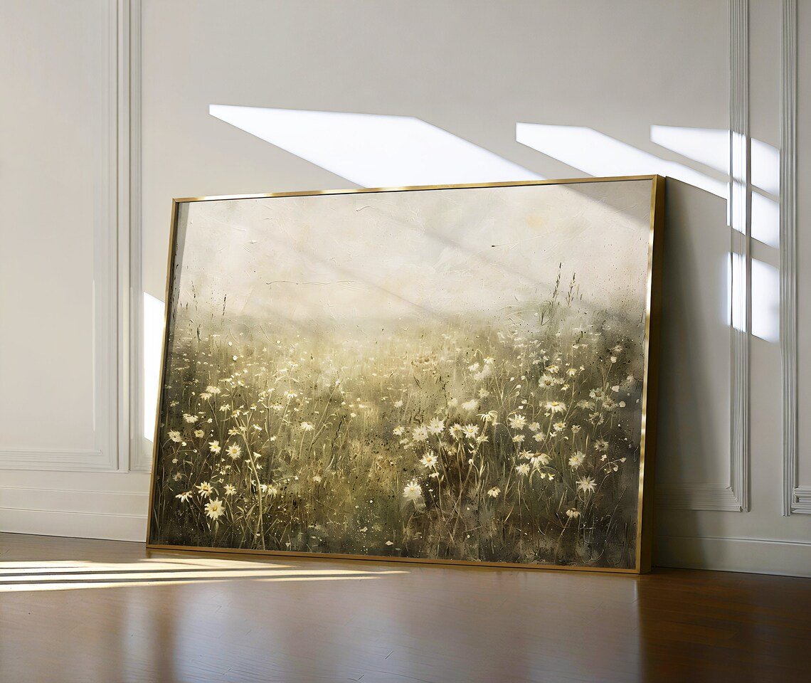 White Daisy Meadow Under Hazy Sky Moody Wildflower Landscape Painting Poster - Image 2