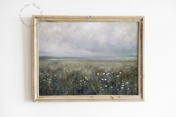 Cloudy Wildflower Landscape Painting Spring Wall Art Moody Art Print Floral Wall Art