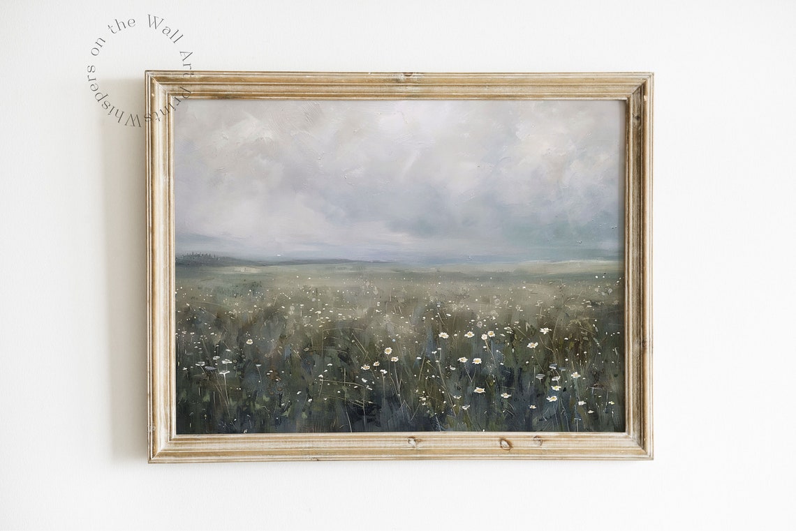 Wide Meadow Of Small White Flowers Under Cloudy Sky Landscape Poster