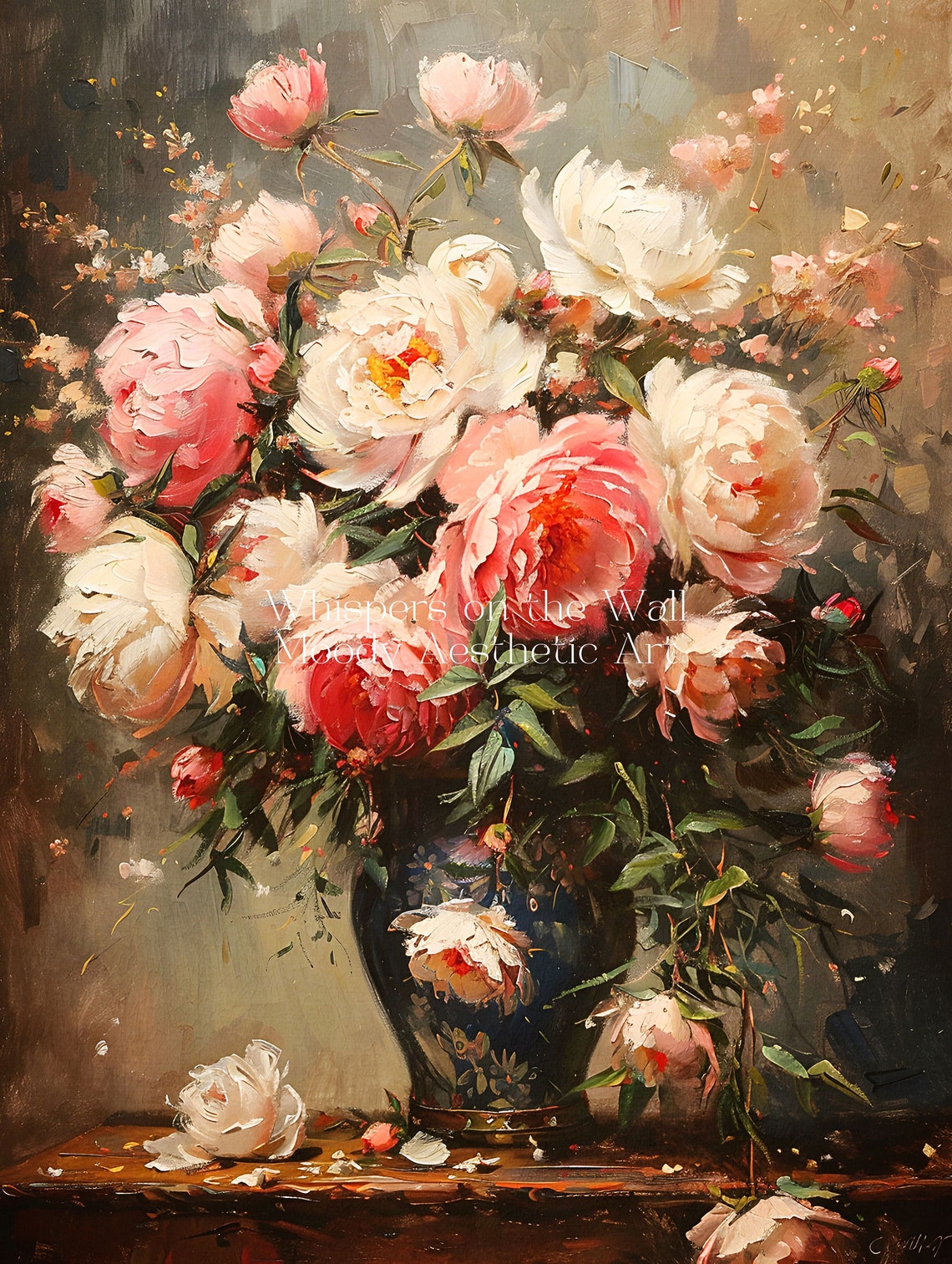 Moody Peony Bouquet Vintage Oil Painting Floral Still Life Poster - Image 5