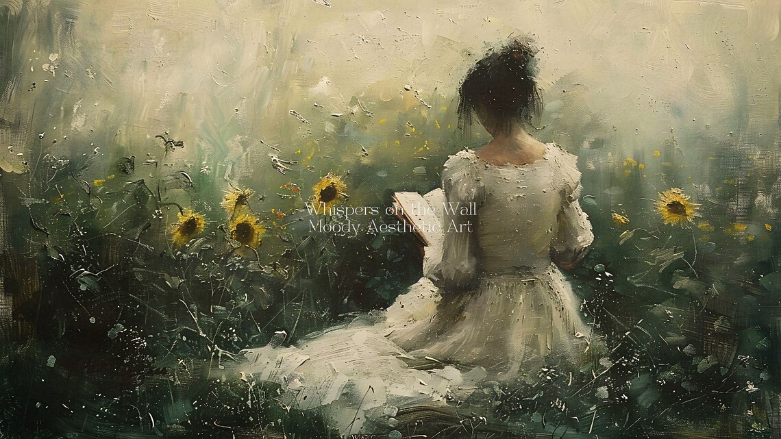 Woman Reading Among Sunflowers In Misty Garden Vintage Painting Poster - Image 5
