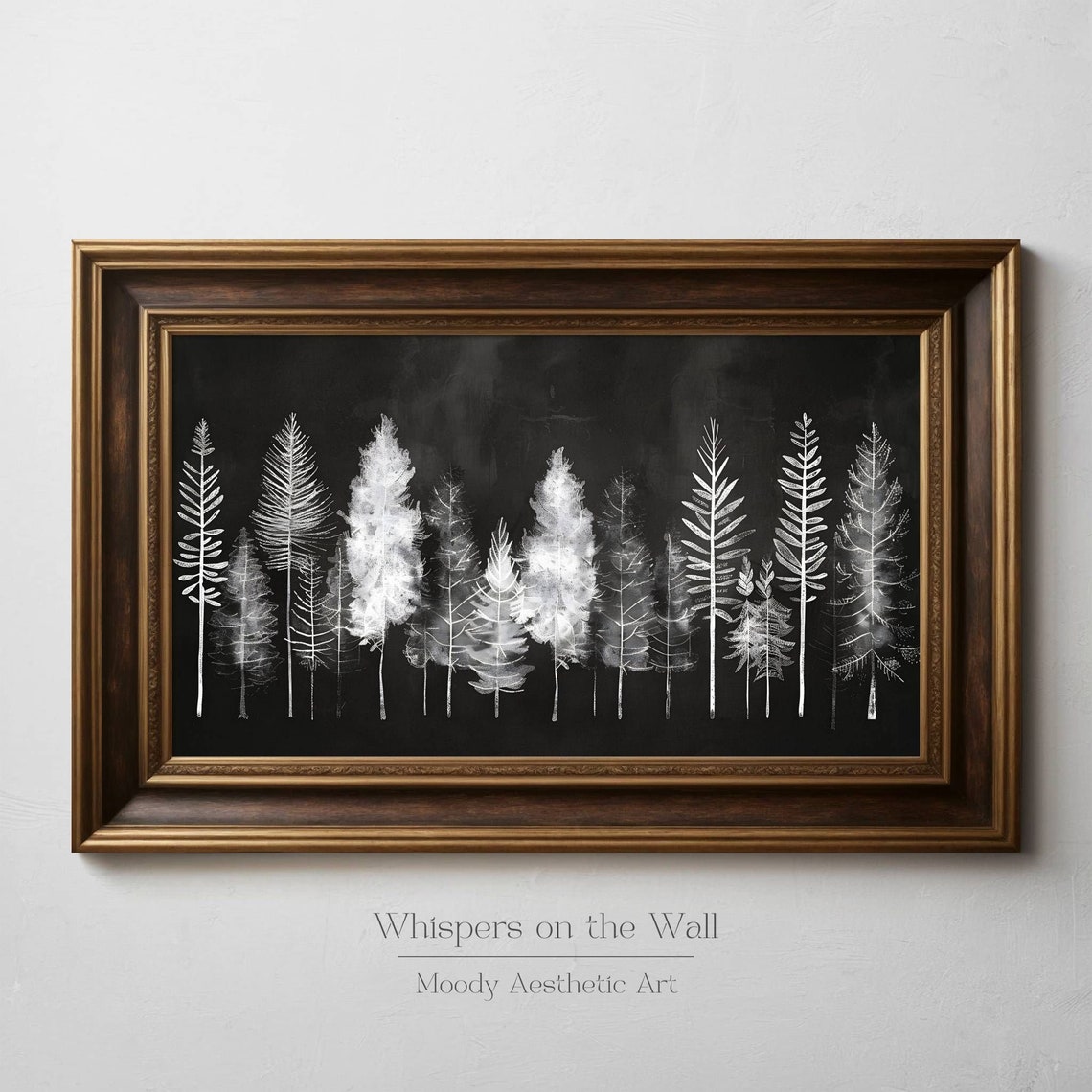 White Pine Tree Silhouettes on Black Moody Winter Forest Poster - Image 4