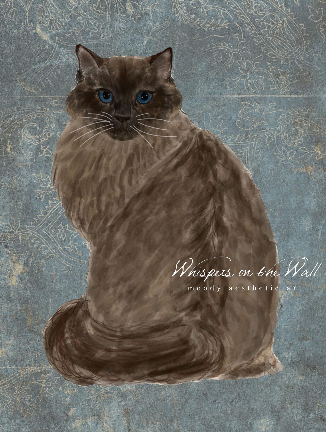 Fluffy Brown Longhair Cat Blue Eyes Vintage Damask Style Poster - Image 6