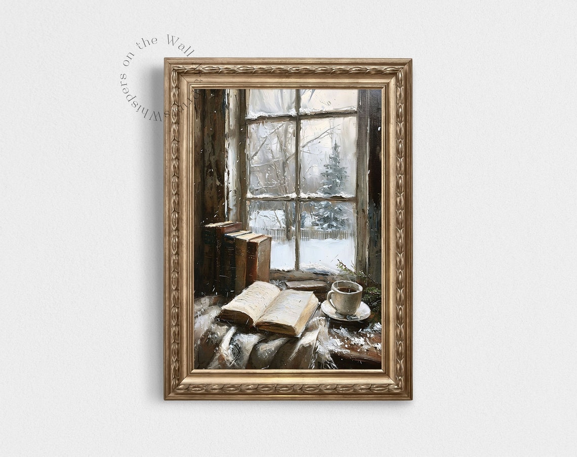 Open Book and Tea Cup by Snowy Window Winter Reading Nook Poster - Image 2