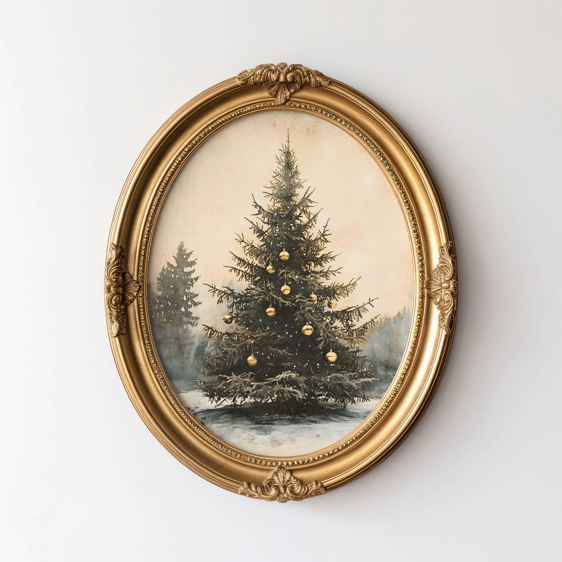 Rustic Christmas Tree Gold Baubles Standing In Snow Vintage Poster - Image 3