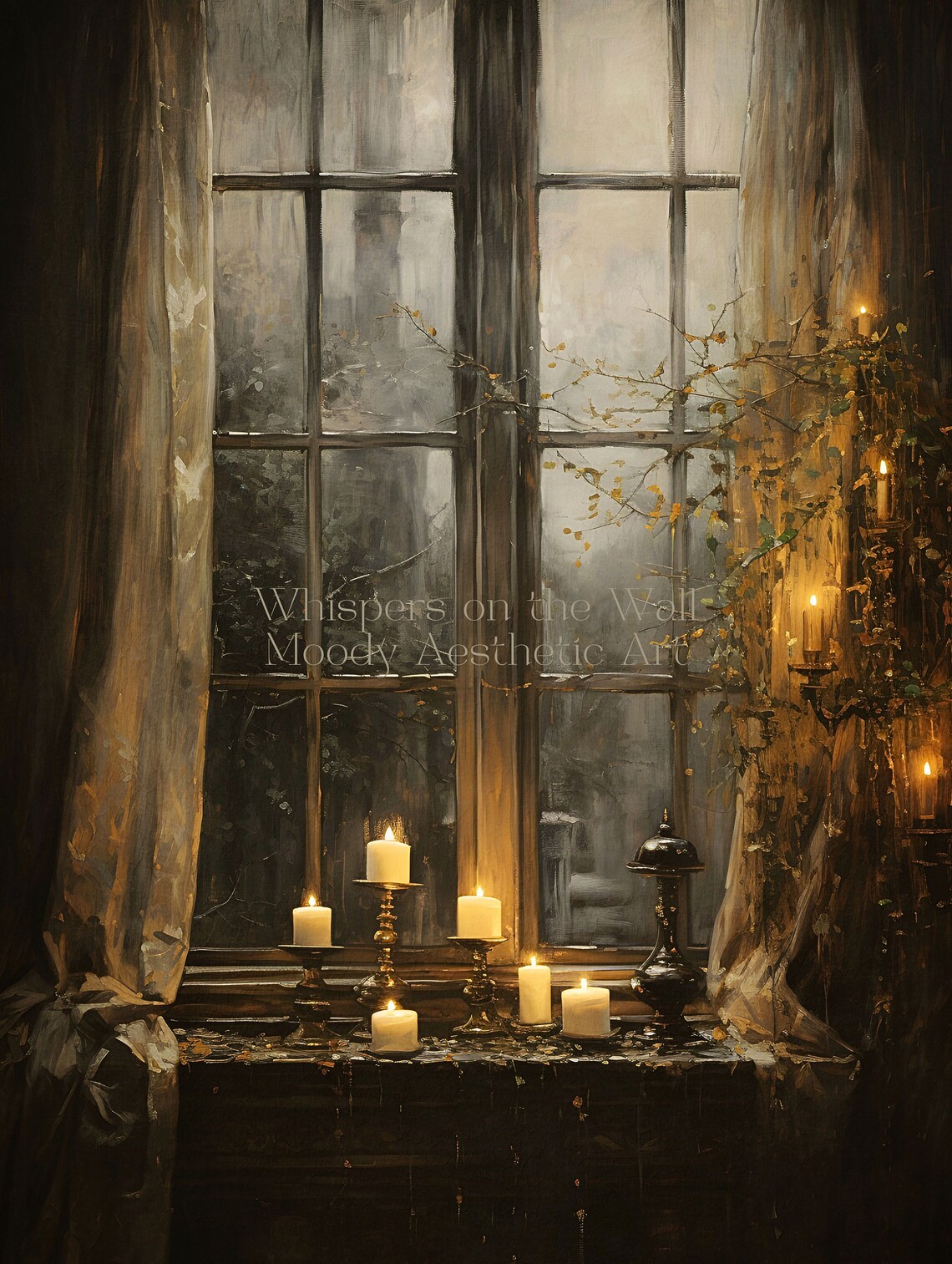 Moody Golden Candles on Rainy Window Sill Dark Academia Poster - Image 5
