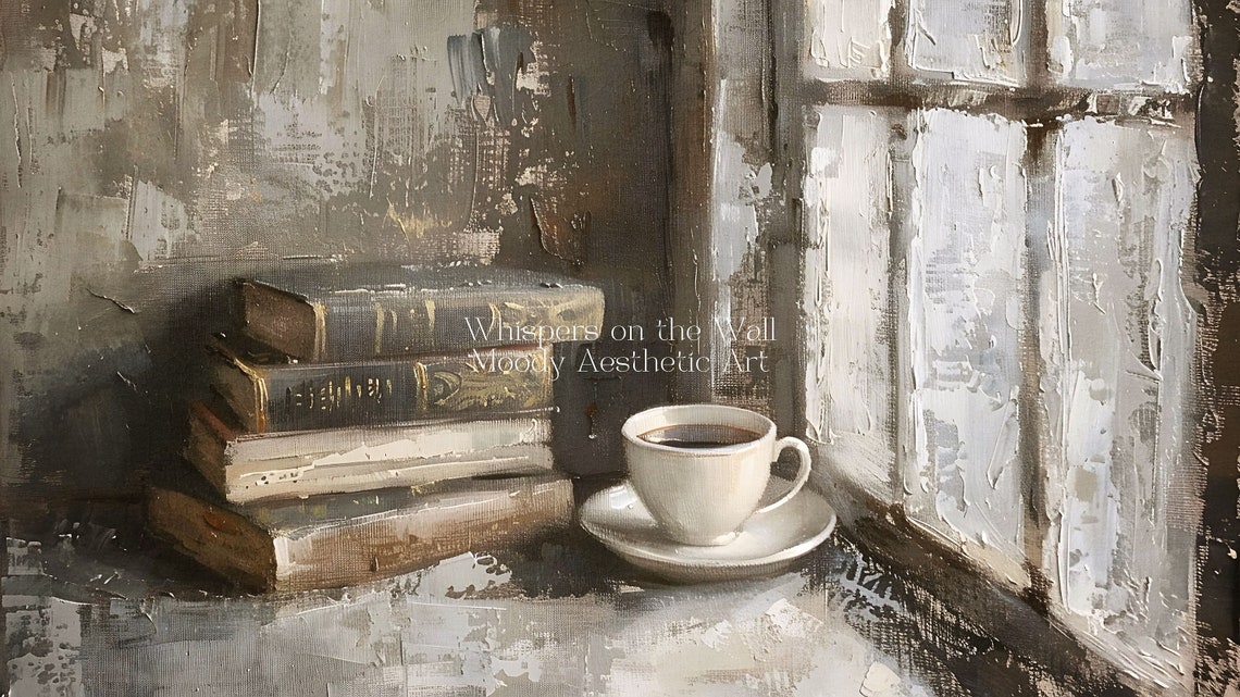 Books and Coffee Vintage Still Life Moody Window Painting Poster - Image 5