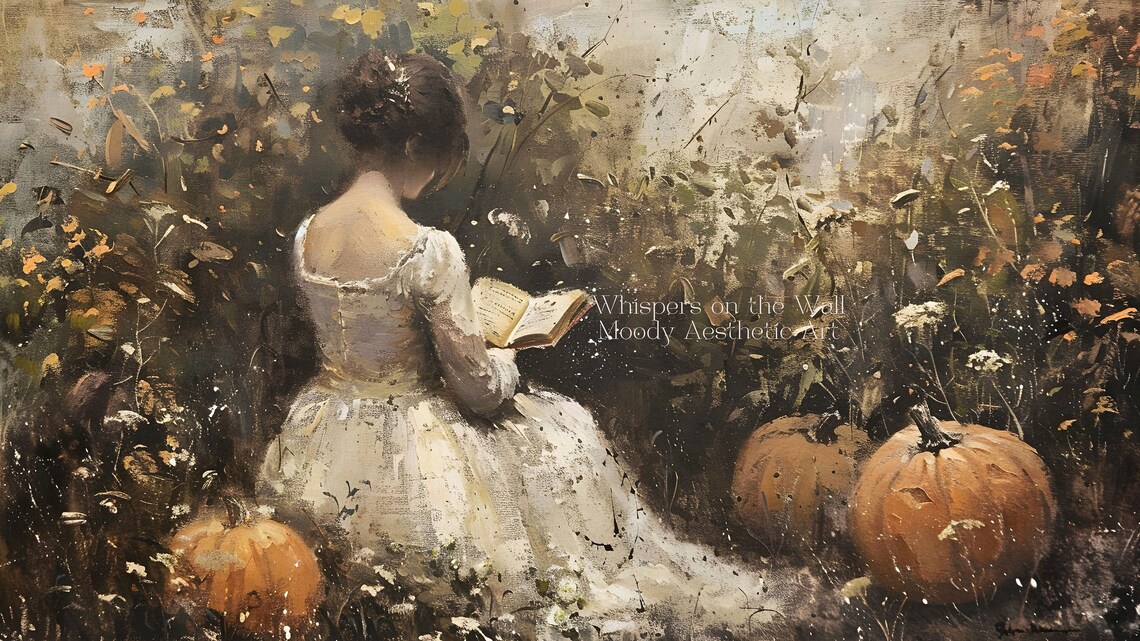 Woman Reading Among Pumpkins Autumn Garden Oil Painting Poster - Image 5
