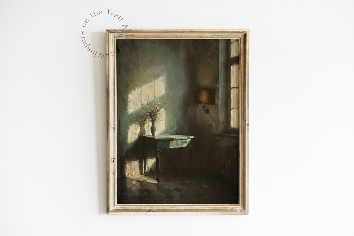 Sunlit Vintage Room Corner Moody Interior Painting With Table And Vase Poster - Image 6