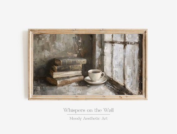 Books And Coffee Frame Tv Art Bookish Decor Light Academia Frame Tv Art Book Lover Gift Rustic Art