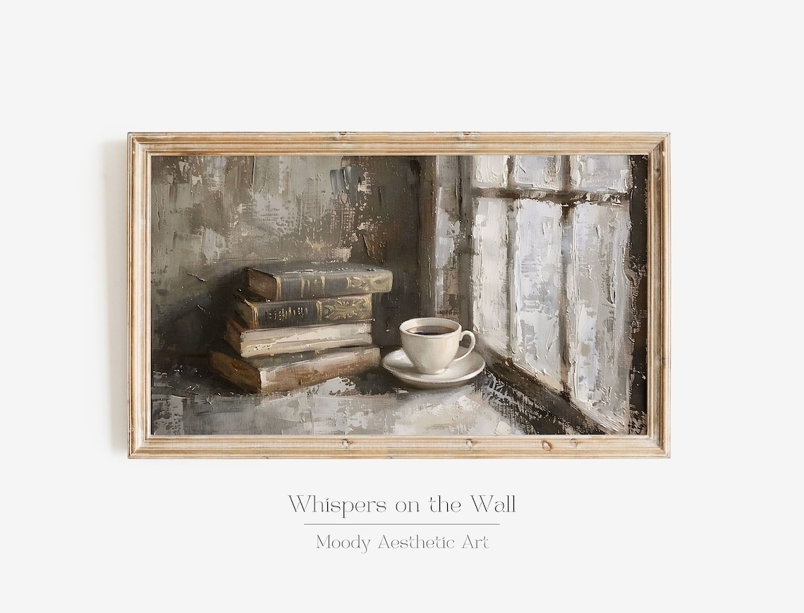 Books and Coffee Vintage Still Life Moody Window Painting Poster
